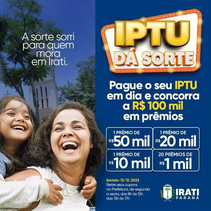 🍀 Última semana para retirar o cupom do IPTU da Sorte e concorrer a 100.000,00 em dinheiro