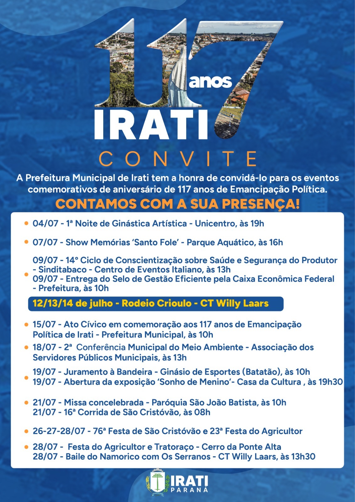 Prefeitura de Irati divulga calendário em comemoração aos 117 Anos